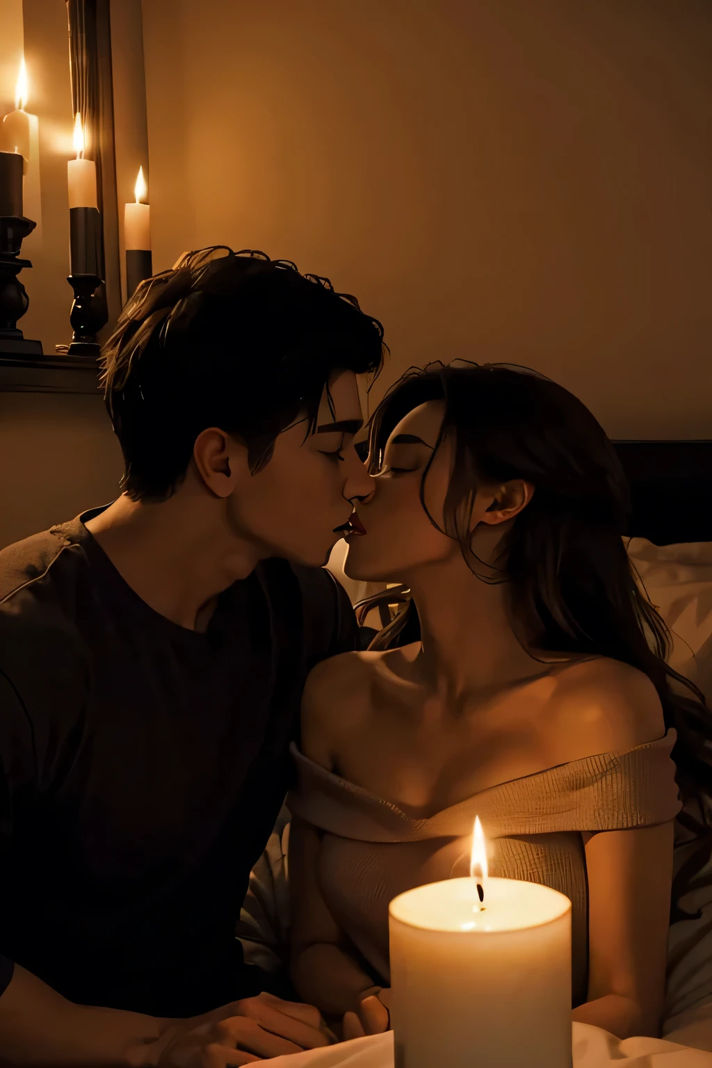 Boy and woman, beautiful woman, kissing each other with passion, in a bedroom, bright room, candles lit, night time,