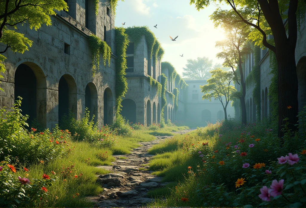 overgrown, destroyed prison cell, grass, Creepers, Trees, bright sun, Raytracing, unreal engine, photorealestic, wind, broken walls, rubble, Birds, Colorful flowers