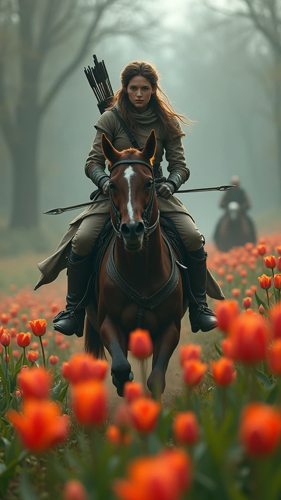 dark fantasy, sinister atmosphere, female elf archer, light Leather armor,  fast gallop on a horse through a field of wild tulips, detailed, profile shot, full body shot, disheveled hair from running, wide angle shot