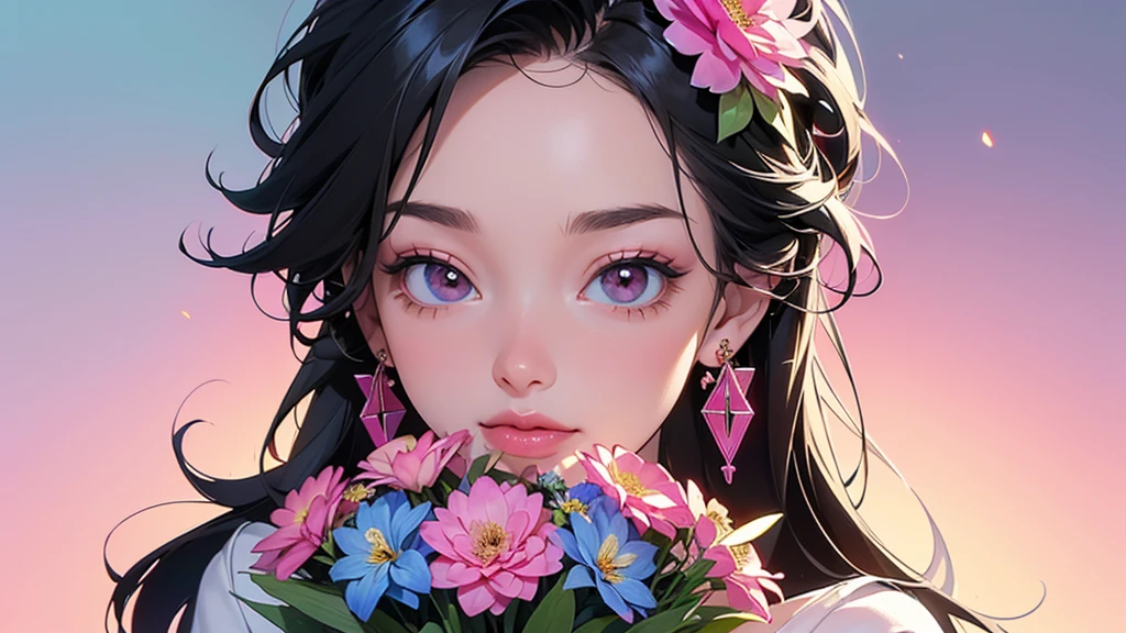 32K, 最高quality, 最高masterpiece, (ultra-Detailed Background, Detailed Background), High resolution, Super detailed, Very detailedな, One girl, (bouquet:1.3), (Tangled:1.2), (Geometric:1.2),(colorful),(masterpiece, quality, best quality, Official Art, Beautiful and beautiful:1.2), (1 girl:1.3), Very detailed,(colorful:1.1)(Flowers:1.3),Most detailed,(Tangled:1.2), whole body, (Abstract background:1.3), (Skin glows), (Many colors:1.4), ,(Earrings Jewelry:1.5), Gradient pink background,