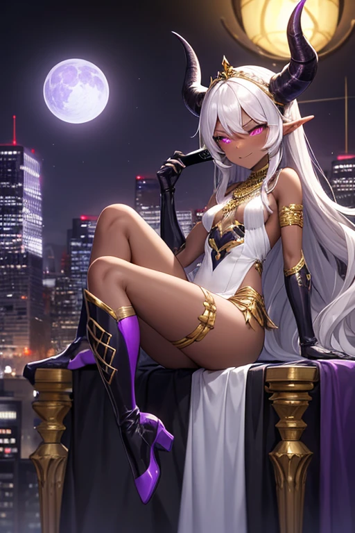 ((best quality)), ((masterpiece)), (detailed), 1 girl, full body, 20s, very dark skin, dark elf, african american, flirty face, young adult, evil smile, purple eyes, moons in eyes, black sclera, white hair, somewhat wavy hair, long hair, bangs, blushing, medium breasts, tall, small braid, gold necklace, black tiara, very small black horns, purple and white witch dress, bare arms, cloth on arms, seductive legs, purple boots, fan, golden wristbands, purple gloves, city background, magic, anime