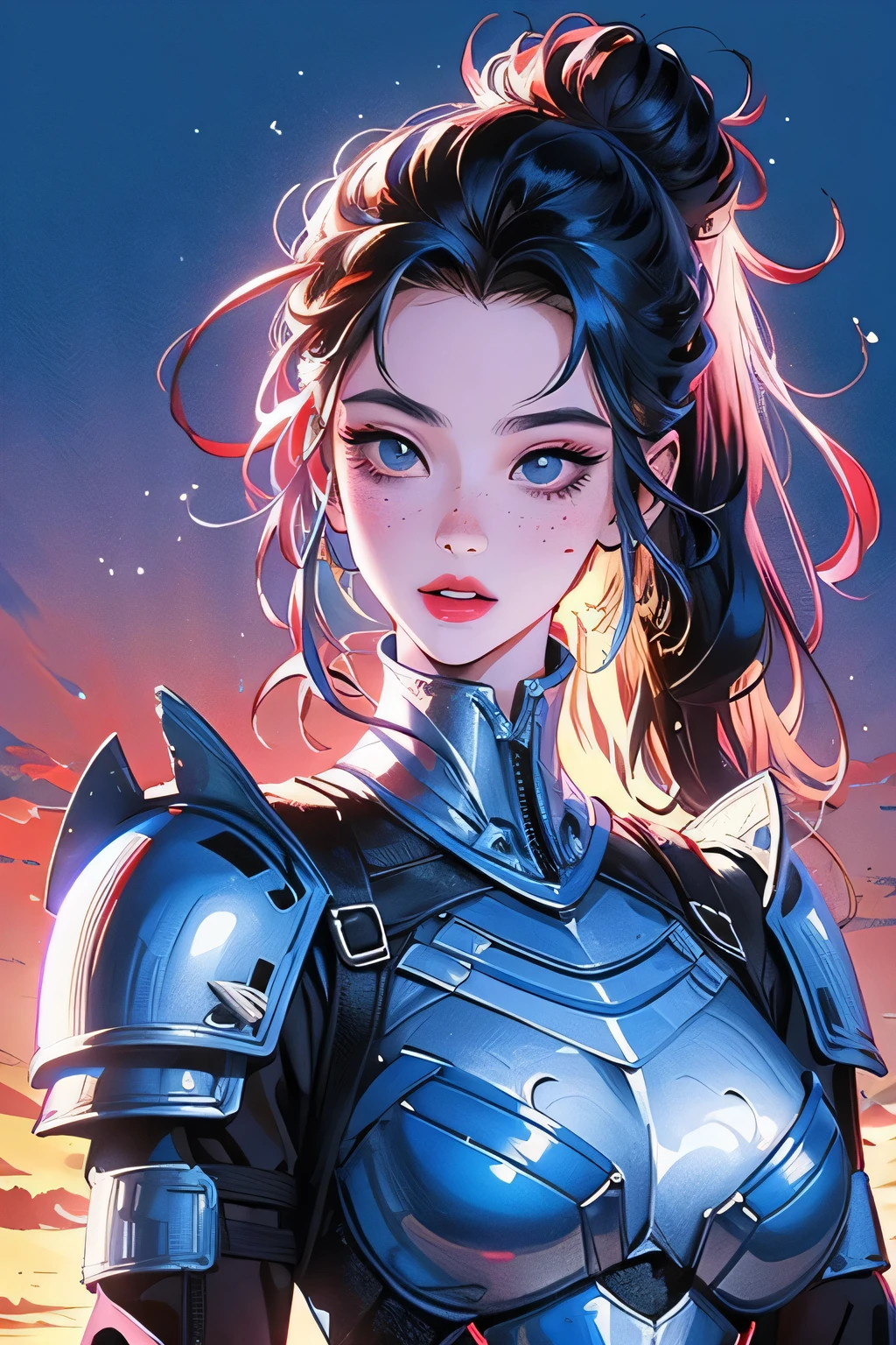 best quality, masterpiece, photographic reality, realistic, very detailed illustrations, beautiful eyes, perfect detail, best lighting, super complex details, ultra-detailed, Dynamic colors, Striking contrast, electric energy, beautiful asian woman, blue eyes, bright blue hair, messy bun hair, freckles, pale skin, big breasts, big smile, ((wearing knight armor)), in dark forest, big landscape, ((halfbody)), (((synthwave)))