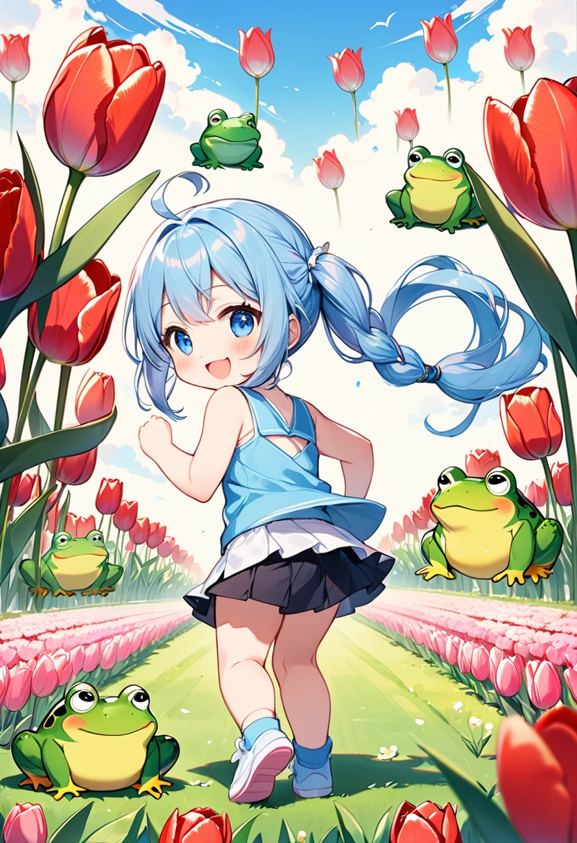 Highest quality、High resolution、Detailed Background、Beautiful face in every detail、Anatomically correct、Detailed facial expressions、fine grain、((full body, from behind:1.8, back shot, looking side)), break　((One Girl:1.2)、(Chibi Girl:1.2))、Cute hair color、Big beautiful blue eyes、Fuller lips、Pink Lips、Braided twin tails、Ahoge、(Sprinting through the tulip fields:1.2、Beautiful forms、forward leaning posture:1.2)、(Cute sleeveless spring outfit、mini skirt、Cute sneakers)、break　((Sprinting pose:1.2))、I have nothing in my hands、(Happy expression:1.2、Big smile:1.2)、、break　(The background is the spring sky、Spring Clouds、Flower storm、((Big Frog:1.2)))