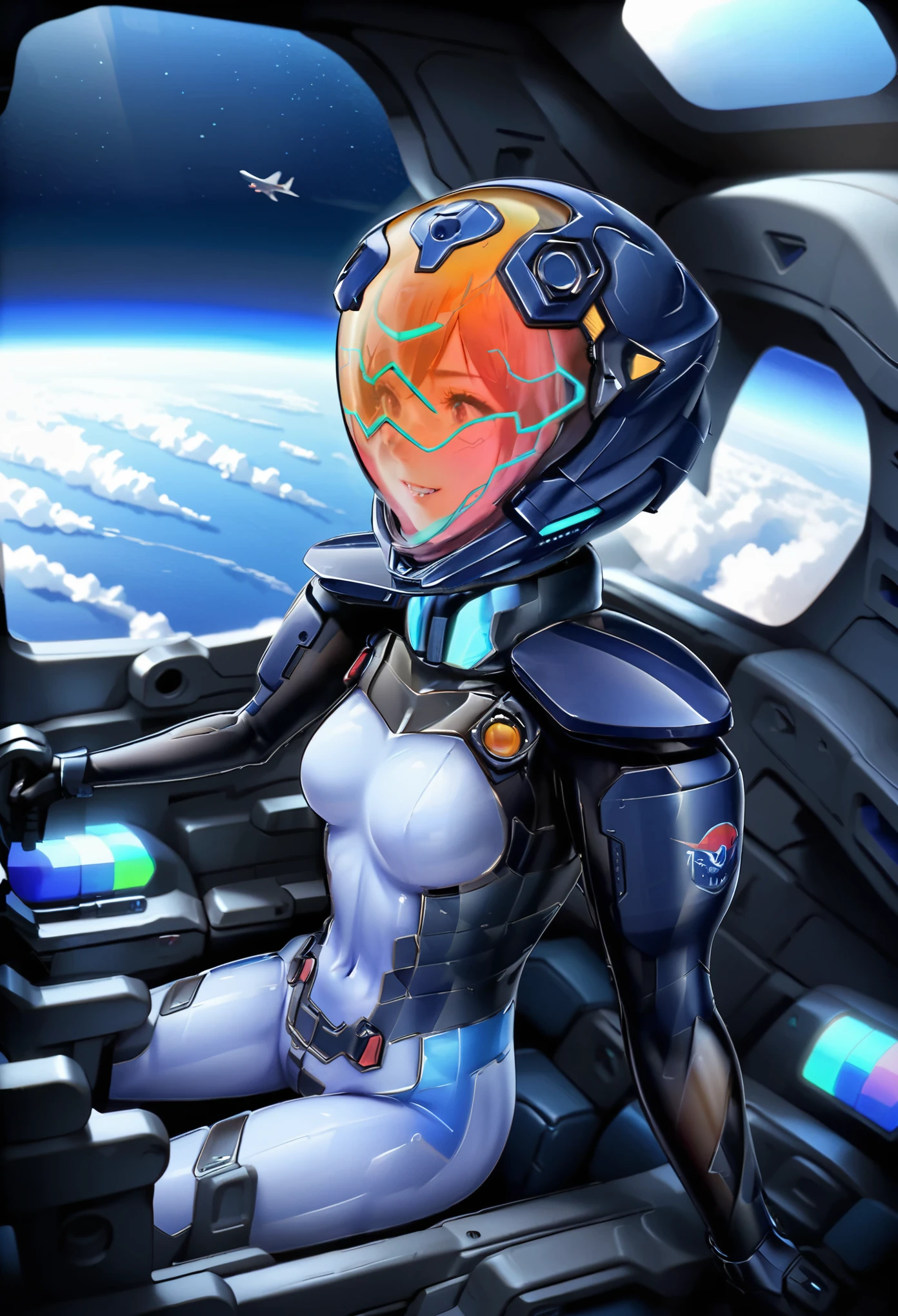 ((Female pilot in the cockpit of a reconnaissance plane), (airplane cockpit), (in flight), (10000 feet altitude)、(sky view):1.7),, short hair, street, emo, BLACK hair, white eyes, eyeliner, apocalypse, 2girl, nside the (cockpit:1.9) of a (futuristic spaceship:1.6), , blush covered navel, space helmet, muvluv, space helm, plug suit , space helmet, eva helm, space suit, short hair,  blue bodysuit, visor helmet, from side, grin