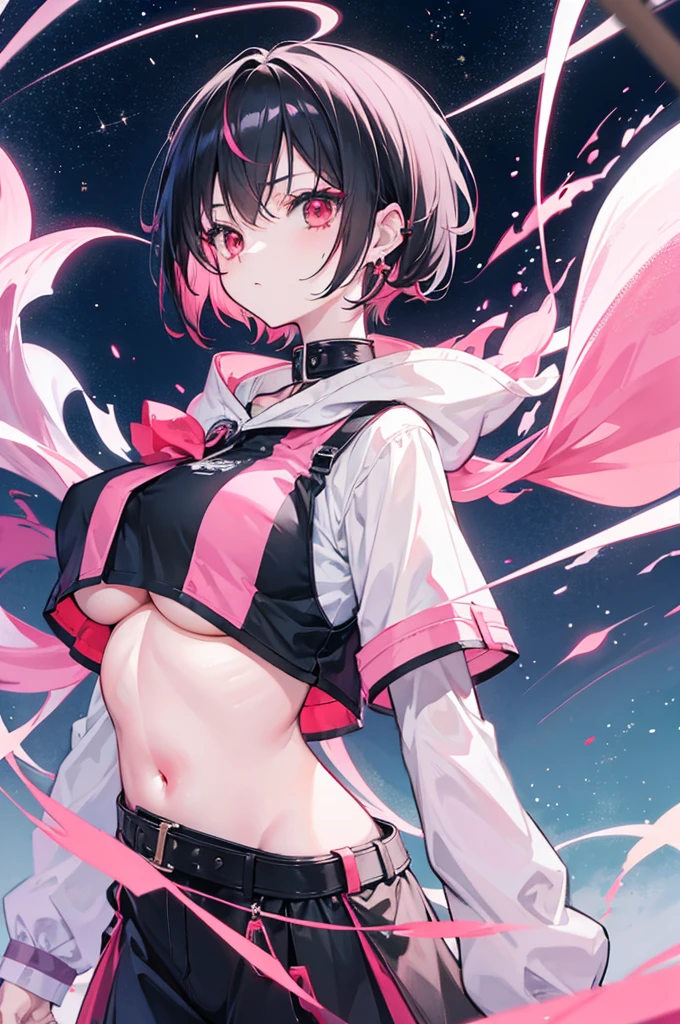 Anime, girl, age, hime-cut, short hair, black hair, red eyes, cool, , earrings, night, highlights pink under hair, big boob, night towns,