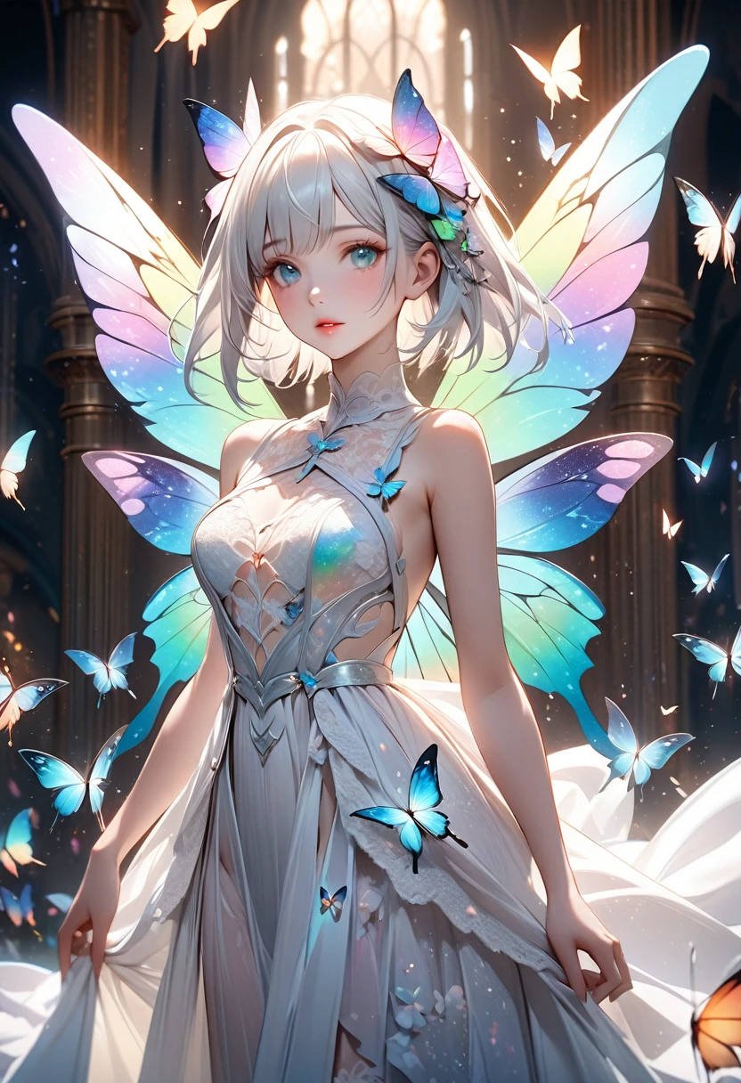 Beautiful transparent flower fairy baby, Transparent colorful wings, The wand flutters in the wind､The wand flashed with starlight，Golden wand，Beautiful blue sky and white clouds、Girls have transparent wings､kindly smile､Beautiful garden background､Gentle and transparent，anatomy correct, Delicate pattern，Pink rose space, Soft lighting, ( Bokeh)，Masterpiece, Super detailed, Epic composition, Highest quality, 8K，Epic romantic fantasy digital art，Epic fairy tale fantasy digital art，Mythological fantasy，UHD resolution，Detailed detail drawing，realisticlying，Very realistic，cinmatic lighting,an award winning photograph,rich colours，hyper realistic lifelike texture，dramatic  lighting