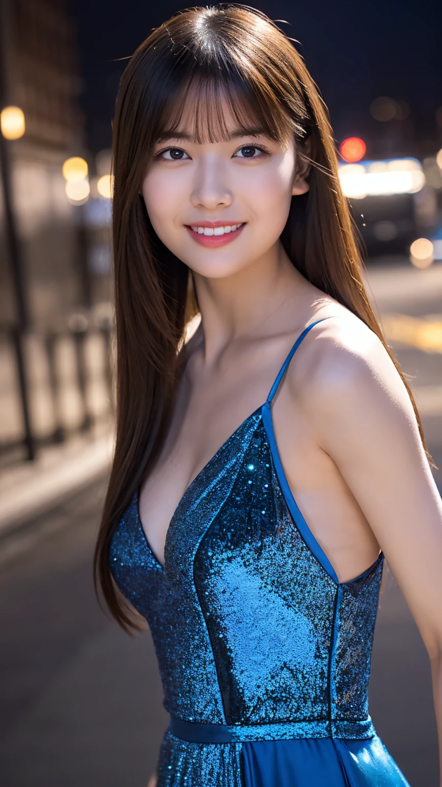 1girl,(wearing a blue glittery evening dress:1.2),(RAW photo, best quality), (realistic, photo-realistic:1.4), masterpiece, an extremely delicate and beautiful, extremely detailed, 2k wallpaper, Amazing, finely detail, extremely detailed CG unity 8k wallpaper, ultra-detailed, highres, soft light, beautiful detailed girl, extremely detailed eyes and face, beautiful detailed nose, beautiful detailed eyes,cinematic lighting,city lights at night,perfect anatomy,slender body,light smile,close up,(long hair with bangs), perfect breast, open shoulder