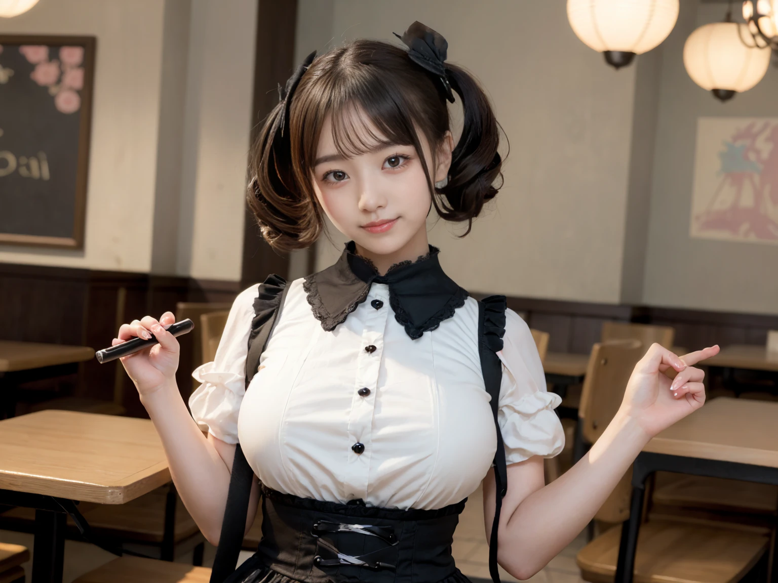 masterpiece, Highest quality, figure, Very detailed, The finer details, High resolution, 8k,wallpaper, Perfect dynamic composition,(Detailed high quality, Realistic depiction of eyes:1.3), (Three Girls),(Gothic Lolita fashion with tight buttons on the collar and chest), Seraphim, Short Bob Hair, In the background is an empty restaurant, Deep in the field, Black hair color, Big Natural Color Lip, (Perfect figure), (smile)、Harajuku Style、Elementary school girl in Japan:1.3), Adorable expression、Expressions of happiness、10 years old、height: 145cm、Baby Face、Amazingly cute、Cute type、Beautiful feet, Idol Sculpture、Big Breasts,