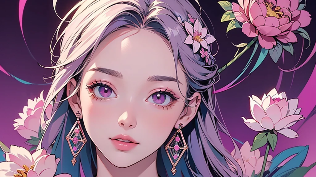 32K, 最高quality, 最高masterpiece, (ultra-Detailed Background, Detailed Background), High resolution, Super detailed, Very detailedな, One girl, (bouquet:1.3), (Tangled:1.2), (Geometric:1.2),(colorful),(masterpiece, quality, best quality, Official Art, Beautiful and beautiful:1.2), (1 girl:1.3), Very detailed,(colorful:1.1)(Flowers:1.3),Most detailed,(Tangled:1.2), whole body, (Abstract background:1.3), (Skin glows), (Many colors:1.4), ,(Earrings Jewelry:1.5), Gradient pink background,