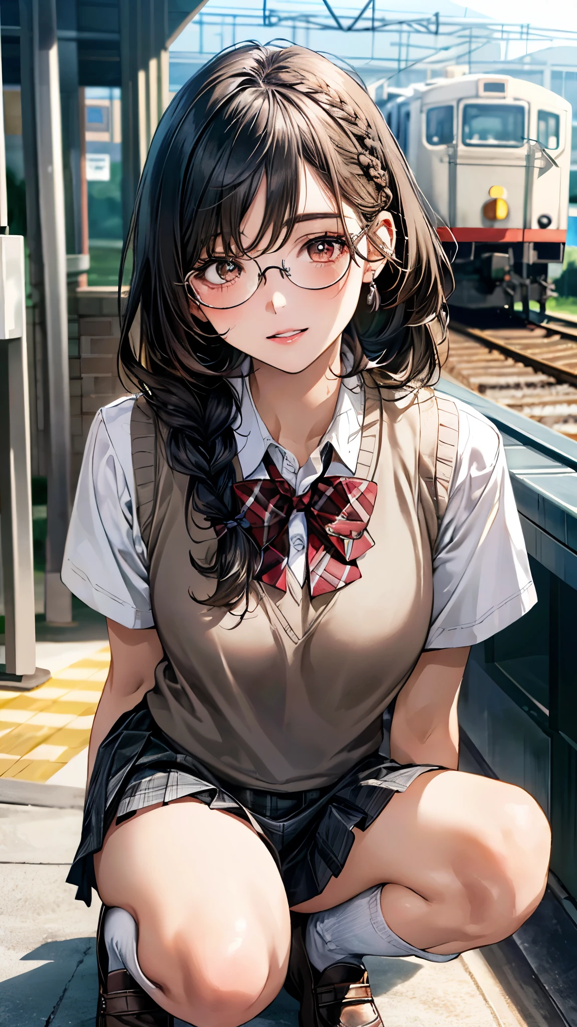 (masterpiece:1.3, top-quality, ultra high res, ultra detailed), (realistic, photorealistic:1.4), beautiful illustration, perfect lighting, natural lighting, colorful, depth of fields, surrealism, 
beautiful detailed hair, beautiful detailed face, beautiful detailed eyes, beautiful clavicle, beautiful body, beautiful chest, beautiful thigh, beautiful legs, beautiful fingers, shiny skin, 
looking at viewer, 1 girl, japanese, high school girl, (perfect anatomy, anatomically correct, super detailed skin), cute and symmetrical face, babyface, perfect face, perfect eyes, 
(middle hair, twin braid, black hair), parted bangs, brown eyes, big eyes, drooping eyes, round glasses, long eyelashes, (medium breasts, seductive thighs), slender, outstanding style, 
((detailed cloth texture, break,break, white collared shirt, break,break, light brown knit vest, break,break, grey plaid pleated skirt, break,break, red bow tie), break,break, white socks, black loafer), 
(beautiful scenery), evening, (train station), squatting, (arms behind back), (lovely smile, parted lips),