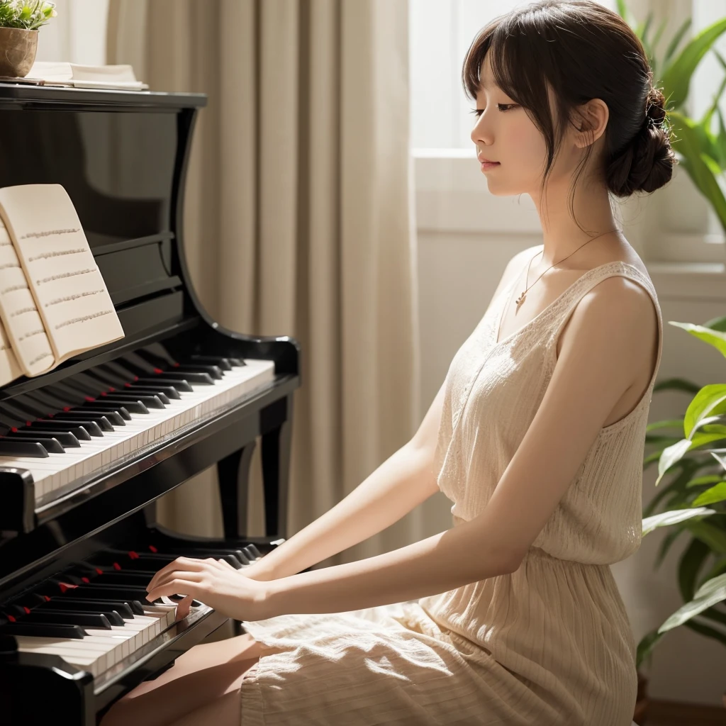 xxmixgirl,,Jing-Hao Zhang style, dark gray and light black, 8K resolution, Miho Hirano, character caricature, Albert Edelfeldt, playing the piano
