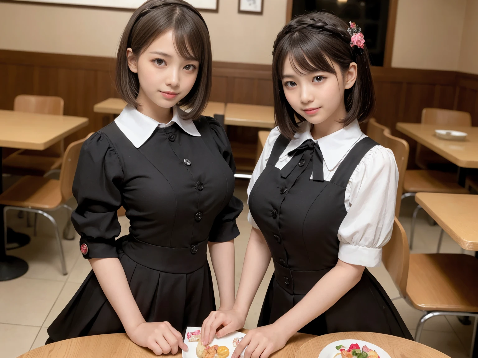 masterpiece, Highest quality, figure, Very detailed, The finer details, High resolution, 8k,wallpaper, Perfect dynamic composition,(Detailed high quality, Realistic depiction of eyes:1.3), (Three Girls),(Gothic Lolita fashion with tight buttons on the collar and chest), Seraphim, Short Bob Hair, In the background is an empty restaurant, Deep in the field, Black hair color, Big Natural Color Lip, (Perfect figure), (smile)、Harajuku Style、Elementary school girl in Japan:1.3), Adorable expression、Expressions of happiness、10 years old、height: 145cm、Baby Face、Amazingly cute、Cute type、Beautiful feet, Idol Sculpture、Big Breasts、whole body