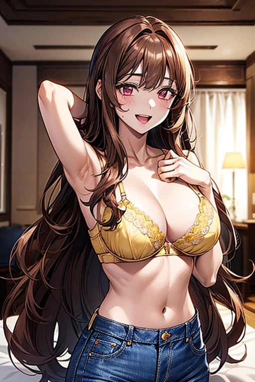 Very detailed、highest quality、Best image quality、masterpiece、8k、Anime Face、A kind smile、Open Mouth、((brown long hair:1.5))、big breast, sexy、 beautiful body 、Cowboy Shot, Sexual Intercourse, ((pink eyes)), hotel bedroom, ((( Jeans))), (((yellow bra)))