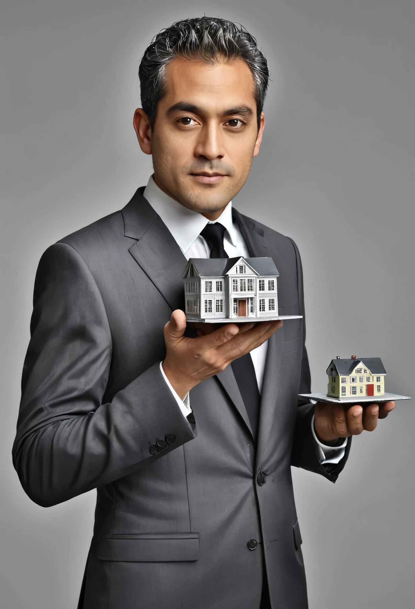 man in suit holding tiny buiilding , gray background , highly detailed , full body