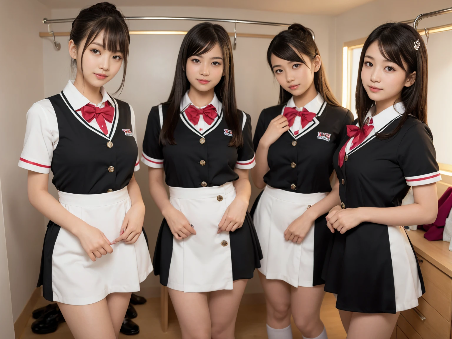 masterpiece, Highest quality, figure, Very detailed, The finer details, High resolution, 8k,wallpaper, Perfect dynamic composition,(Detailed high quality, Realistic depiction of eyes:1.3), (Three Girls),(A tight-fitting waitress uniform with buttons on the collar and chest), Seraphim, Short Bob Hair, The background is an empty changing room, Deep in the field, Black hair color, Big Natural Color Lip, (Perfect figure), (smile)、Harajuku Style、Elementary school girl in Japan:1.3), Adorable expression、Expressions of happiness、10 years old、height: 145cm、Baby Face、Amazingly cute、Cute type、Beautiful feet, Idol Sculpture、(Changing clothes in the changing room:1.5)