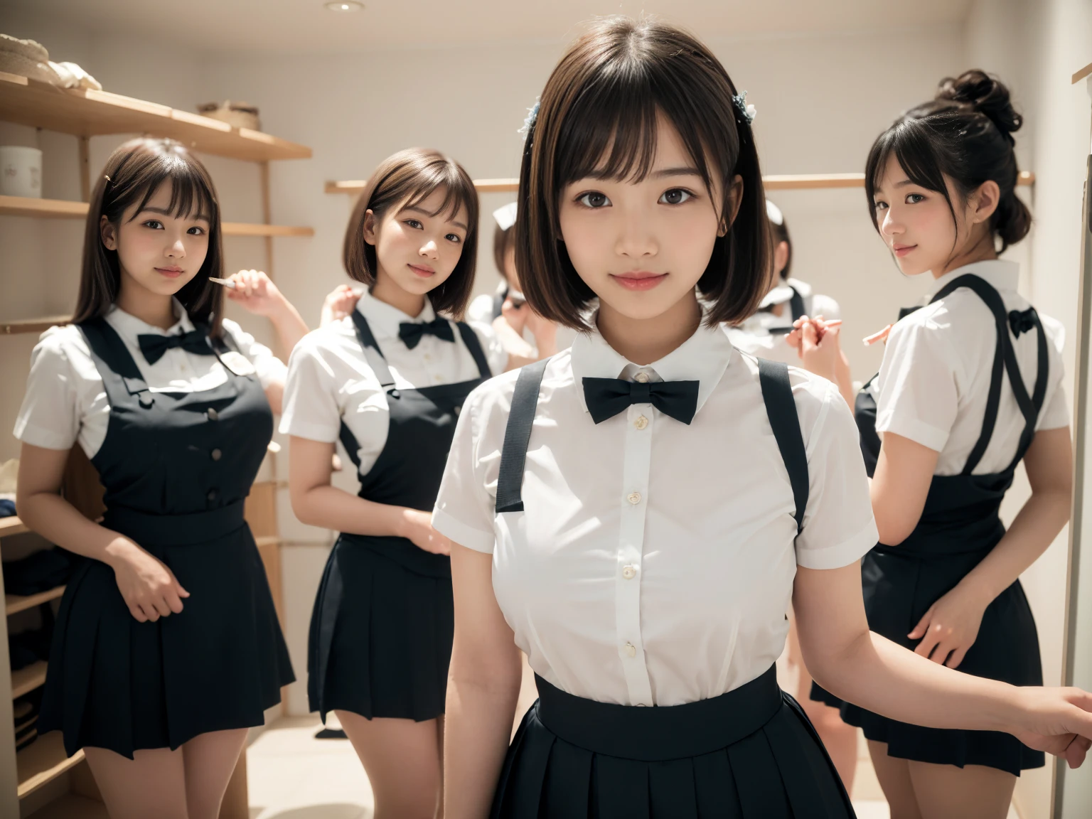 masterpiece, Highest quality, figure, Very detailed, The finer details, High resolution, 8k,wallpaper, Perfect dynamic composition,(Detailed high quality, Realistic depiction of eyes:1.3), (Three Girls),(A tight-fitting waitress uniform with buttons on the collar and chest), Seraphim, Short Bob Hair, The background is an empty changing room, Deep in the field, Black hair color, Big Natural Color Lip, (Perfect figure), (smile)、Harajuku Style、 in Japan:1.3), Adorable expression、Expressions of happiness、10 years old、height: 1ce、Amazingly cute、Cute typel feet, Idol Sculpture、(Changing clothes in the changing room:1.5)