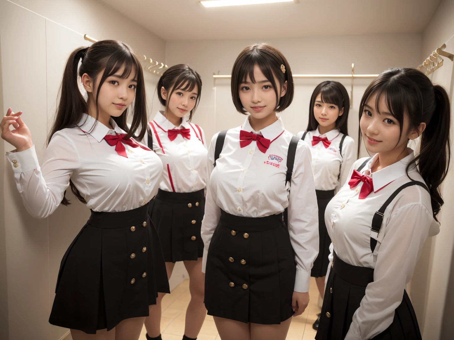 masterpiece, Highest quality, figure, Very detailed, The finer details, High resolution, 8k,wallpaper, Perfect dynamic composition,(Detailed high quality, Realistic depiction of eyes:1.3), (Three Girls),(A tight-fitting waitress uniform with buttons on the collar and chest), Seraphim, Short Bob Hair, The background is an empty changing room, Deep in the field, Black hair color, Big Natural Color Lip, (Perfect figure), (smile)、Harajuku Style、 in Japan:1.3), Adorable expression、Expressions of happiness、10 years old、height: 1ce、Amazingly cute、Cute typel feet, Idol Sculpture、(Changing clothes in the changing room:1.5)