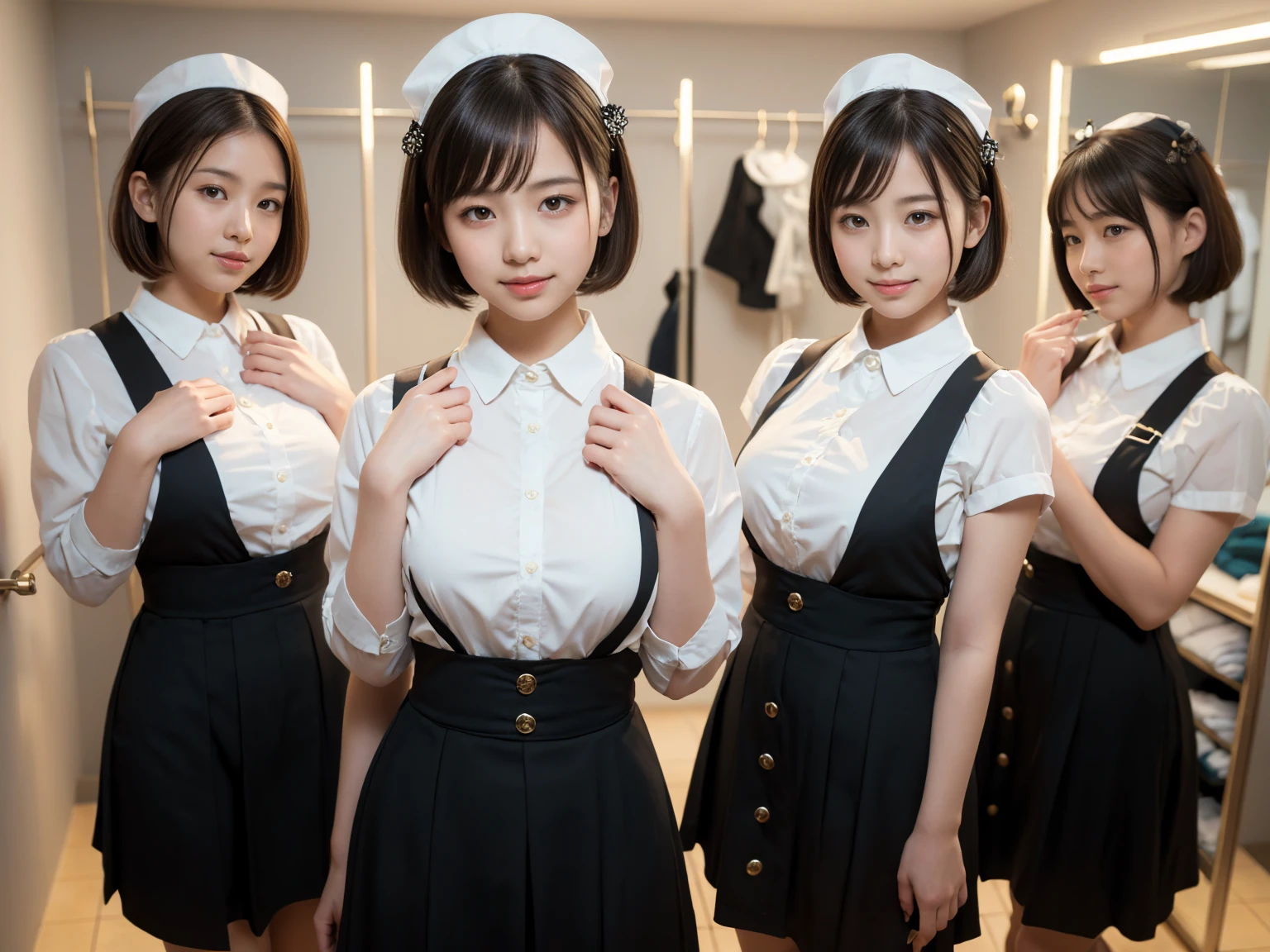 masterpiece, Highest quality, figure, Very detailed, The finer details, High resolution, 8k,wallpaper, Perfect dynamic composition,(Detailed high quality, Realistic depiction of eyes:1.3), (Three Girls),(A tight-fitting waitress uniform with buttons on the collar and chest), Seraphim, Short Bob Hair, The background is an empty changing room, Deep in the field, Black hair color, Big Natural Color Lip, (Perfect figure), (smile)、Harajuku Style、Elementary school girl in Japan:1.3), Adorable expression、Expressions of happiness、10 years old、height: 145cm、Baby Face、Amazingly cute、Cute type、Beautiful feet, Idol Sculpture、(Changing clothes in the changing room:1.5)