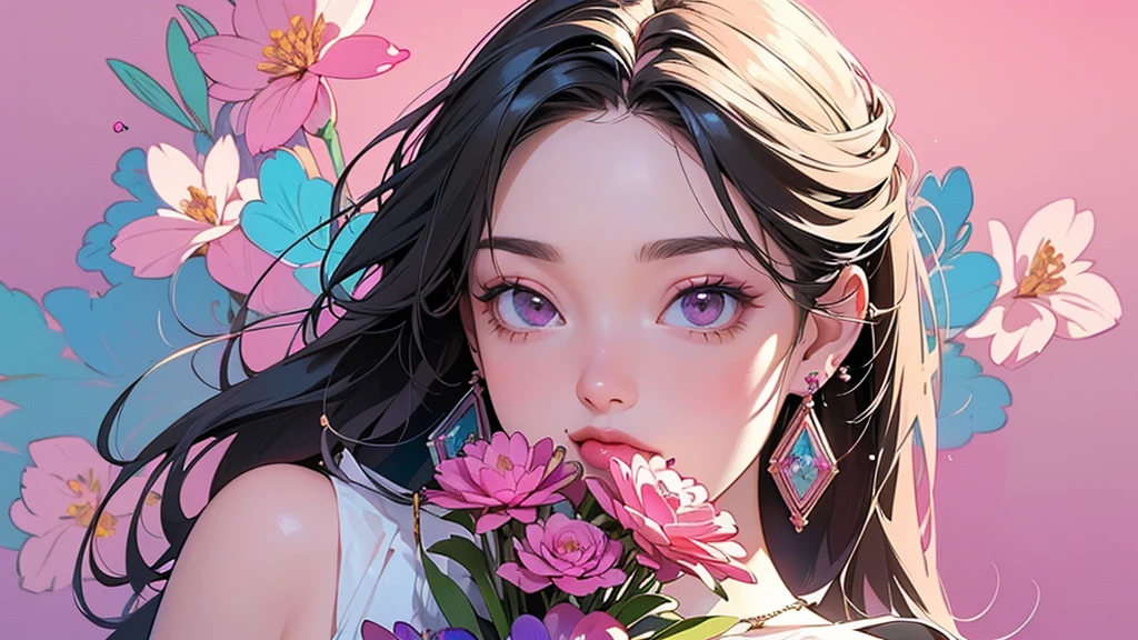 32K, 最高quality, 最高masterpiece, (ultra-Detailed Background, Detailed Background), High resolution, Super detailed, Very detailedな, One girl, (bouquet:1.3), (Tangled:1.2), (Geometric:1.2),(colorful),(masterpiece, quality, best quality, Official Art, Beautiful and beautiful:1.2), (1 girl:1.3), Very detailed,(colorful:1.1)(Flowers:1.3),Most detailed,(Tangled:1.2), whole body, (Abstract background:1.3), (Skin glows), (Many colors:1.4), ,(Earrings Jewelry:1.5), Gradient pink background,
