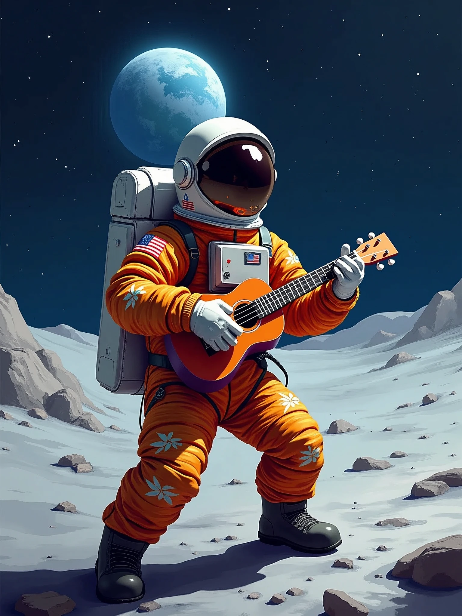 Digital painting, An astronaut in a vibrant Hawaiian shirt, playing a ukulele on the moon with Earth rising in the background