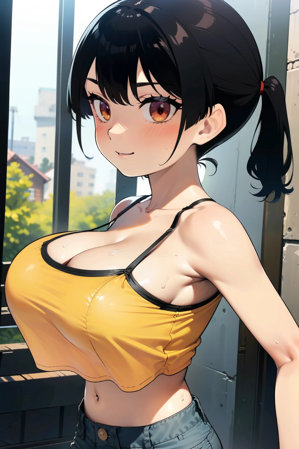 (masterpiece, best quality, highres:1.2), (photorealistic:1.2), raw photo,(bokeh:1.3),  1girl, bad expression,((large ample breasts)),(Beautiful breasts in shape),Stylish, nagatiti, cleavage, ((Emphasize cleavage)),breast focus, (Narrow shoulders),Slender, skinny body,delicate,(curvin waist),Regal Princess Bow pose, (viewed from behind:1.1),beautiful face, seductive gaze, shiny skin, blush, eyeliner, eyeshadow, eyelashes, looking down, Abandoned Buildings background , Yellow Cat eyes,(  medium Aqua Textured Crop Cut hairstyle),cinematic lighting, sunlight, volumetric,   sasaki kanna, (black hair:1.4), (red eyes:1.2), (short twintails:1.2), (yellow camisole:1.2), midriff, (denim shorts:1.2), tanned skinnice hands, perfect hands, sweat,steam,breath,blush,A big smile