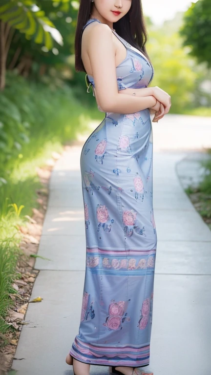 Burmese girl with attractive curvy full body. Friends full-length bikini, (+black 🖤 dress) reflective long dress painted with flower patterns, only dress. hi gh hips High resolution High resolution natural background High resolution HD 3D, 8K cartoon anime