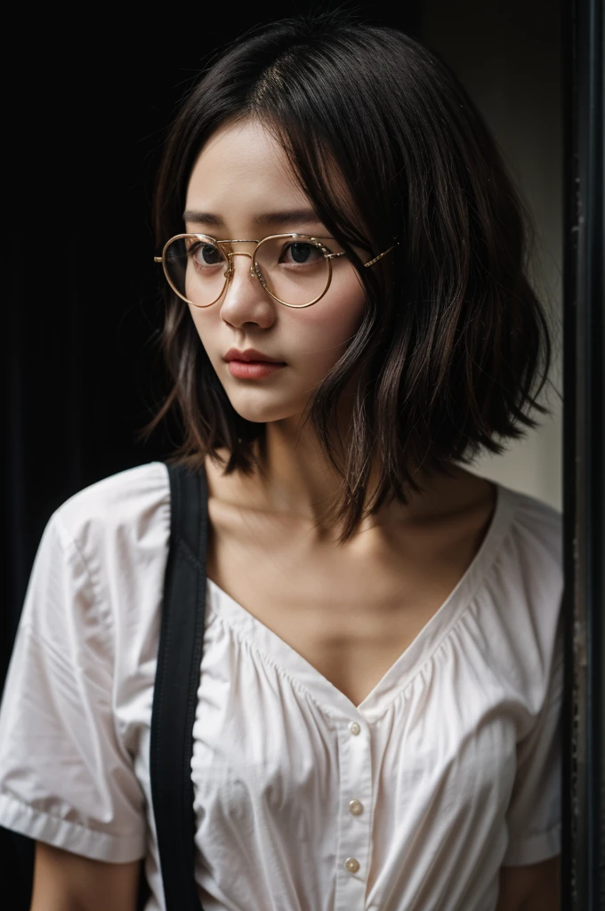 1girl, korean, short hair, wavy hair, circle glasses, in the dark