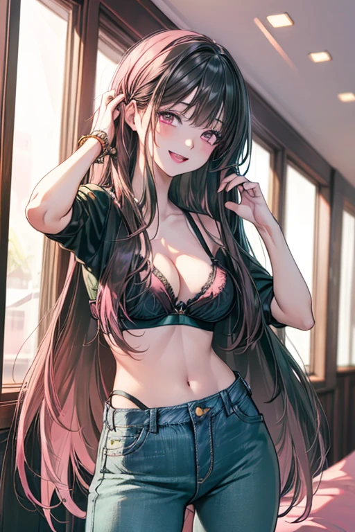 Very detailed、highest quality、Best image quality、masterpiece、8k、Anime Face、A kind smile、Open Mouth、((black long hair:1.5))、big breast, sexy、 beautiful body 、Cowboy Shot, Sexual Intercourse, ((pink eyes)), hotel bedroom, ((( Jeans))), (((green bra)))