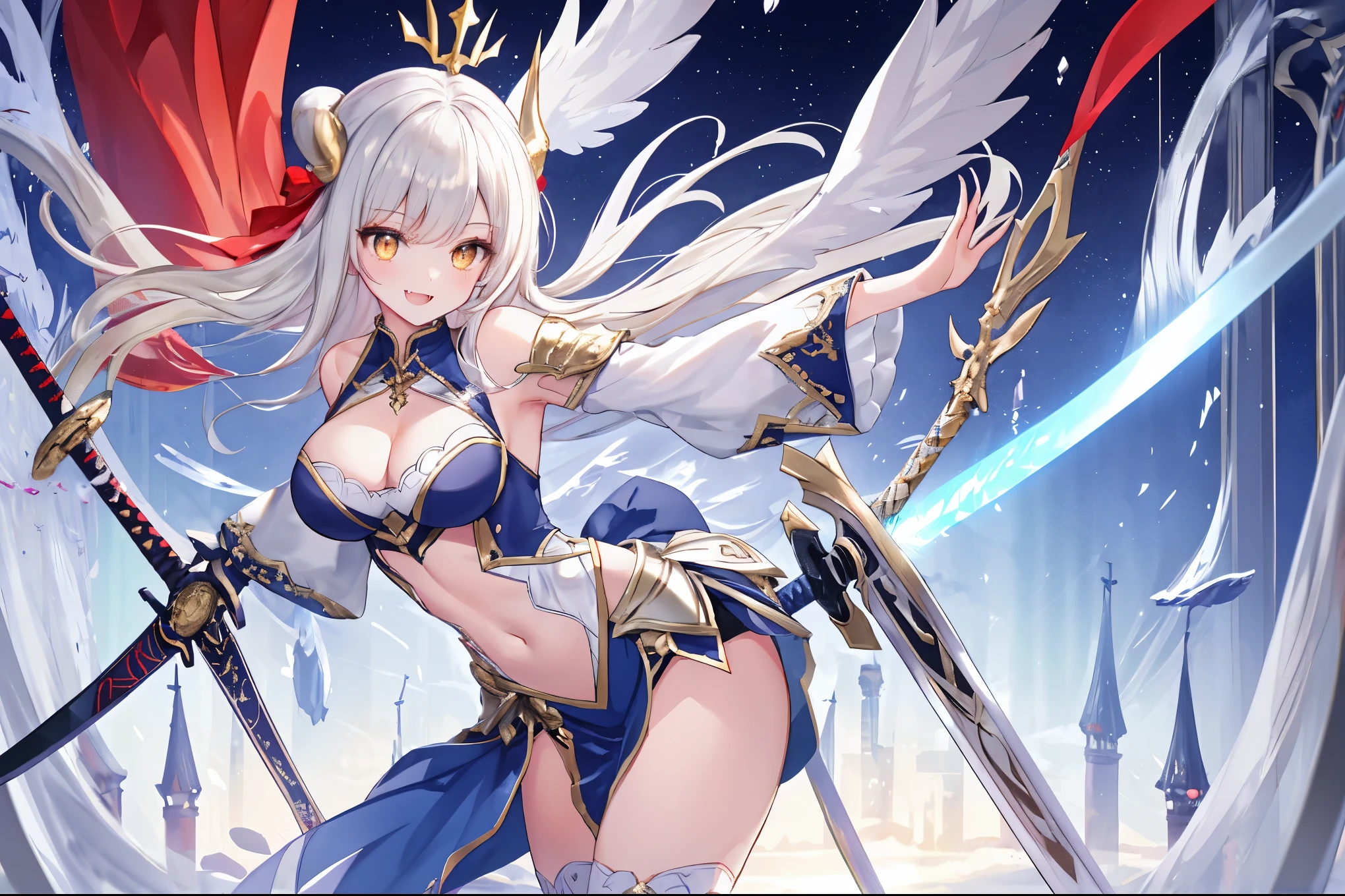 fantasy, 1devil_girl, low_, platina_blond_hair,long_bangs,, bare_shoulder, navel out, thighhighs,silver_armor, red_clothes,waist_armor, Glebe, hold_swords, large_breasts, dynamic_flying_pose,Floating,(pelvic_curtain:1.3), silver_Headgear ,looking_down_at_sunrise_city_sky_background,,slightly_spread_legs, some_swords,some_swords_floating_around_the_girl,solo,horn ,smile,,open_legs,open_arms,rise_knee,rise_leg,rise_thigh,rise_leg,forward_leaning_posture,apart_legs,fang,Shiny_gold_eyes,crotch