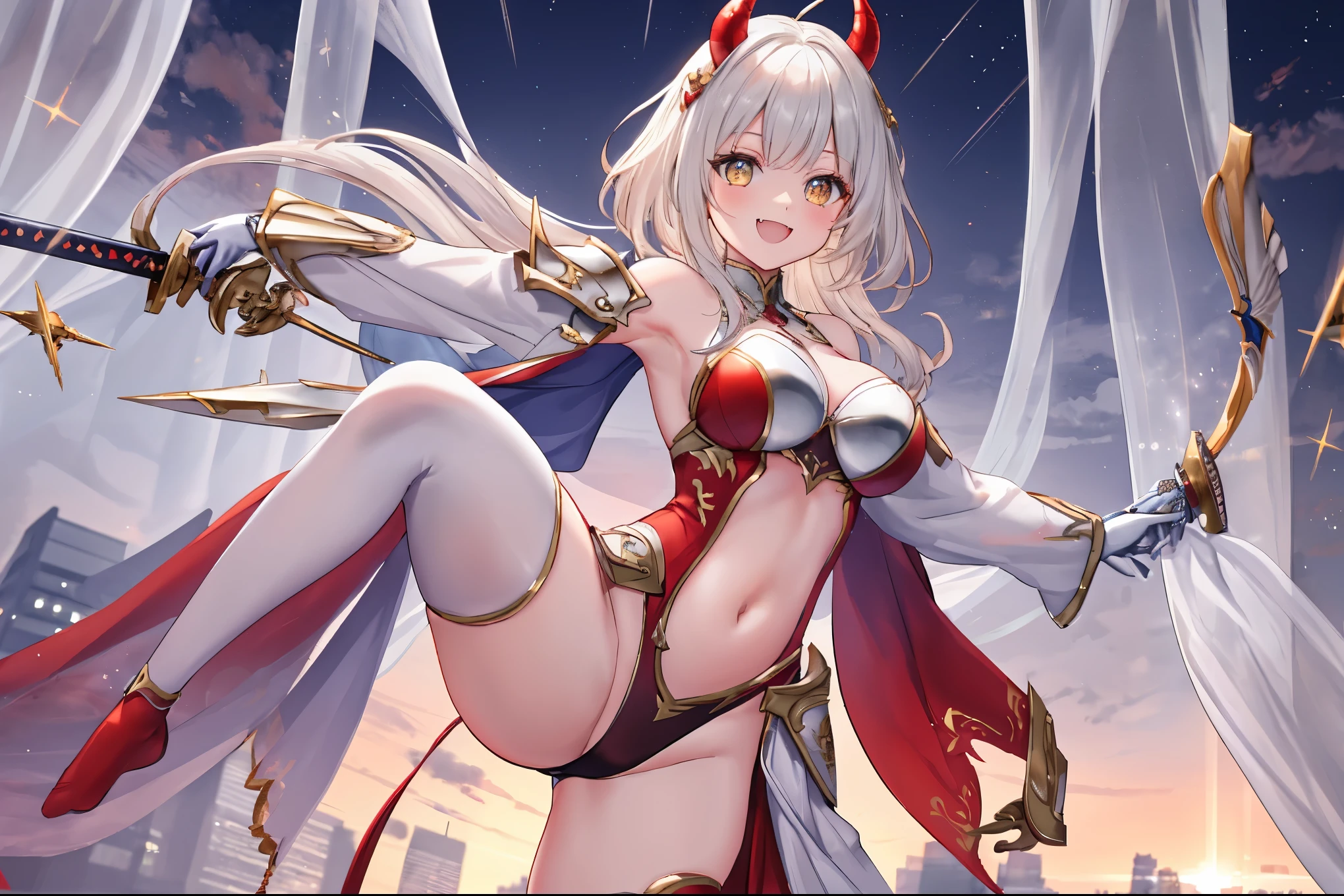 fantasy, 1devil_girl, low_teen, platina_blond_hair,long_bangs,, bare_shoulder, navel out, thighhighs,silver_armor, red_clothes,waist_armor, Glebe, hold_swords, large_breasts, dynamic_flying_pose,Floating,(pelvic_curtain:1.3), silver_Headgear ,looking_down_at_sunrise_city_sky_background,,slightly_spread_legs, some_swords,some_swords_floating_around_the_girl,solo,horn ,smile,,open_legs,open_arms,rise_knee,rise_leg,rise_thigh,rise_leg,forward_leaning_posture,apart_legs,fang,Shiny_gold_eyes,crotch