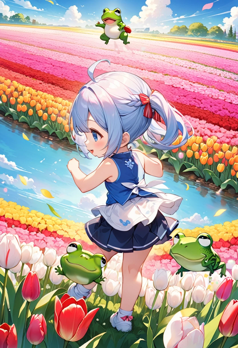 Highest quality、High resolution、Detailed Background、Beautiful face in every detail、Anatomically correct、Detailed facial expressions、fine grain、((full body, from behind:1.8, back shot, looking away:1.2)), break ((One Girl:1.2)、(Chibi Girl:1.2))、Cute hair color、Big beautiful blue eyes、Fuller lips、Pink Lips、Braided twin tails、Ahoge、(Sprinting through the tulip fields:1.2、Beautiful forms、forward leaning posture:1.2)、(Cute sleeveless spring outfit、mini skirt、Cute sneakers)、break ((Sprinting pose:1.2))、I have nothing in my hands、(Happy expression:1.2、Big smile:1.2)、、break (The background is the spring sky、Spring Clouds、Flower storm、((Big Frog:1.2)))