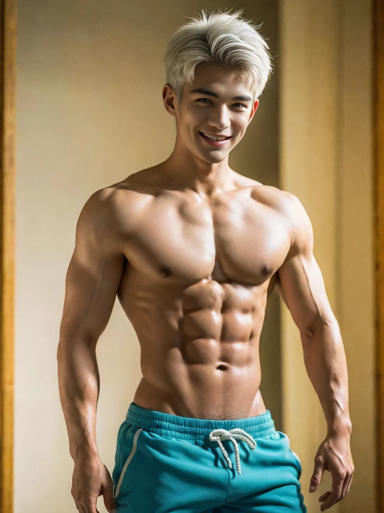 ((masterpiece)), ((best quality)), ((high resolution)), ((Detailed background)), ((Extremely detailed CG unified 8k wallpaper)), alone, Young men,white hair,short hair,Smile,thin waist，6-pack abs，sexly pectoral muscles,sexly, Thin stature,detailed body, full body shot