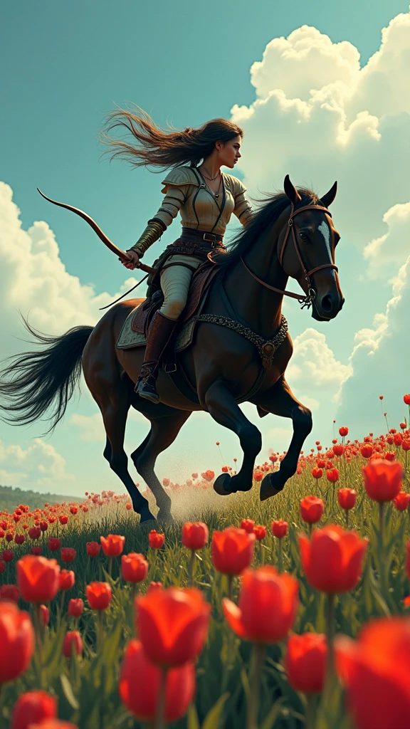 dark fantasy, sinister atmosphere, female elf archer, light Leather armor,  fast gallop on a horse through a field of wild tulips, detailed, profile shot, full body shot, disheveled hair from running, wide angle shot