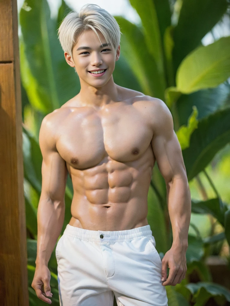 ((masterpiece)), ((best quality)), ((high resolution)), ((Detailed background)), ((Extremely detailed CG unified 8k wallpaper)), alone, Young men,white hair,short hair,Smile,thin waist,6-pack abs,sexly pectoral muscles,sexly, Thin stature,detailed body, full body shot