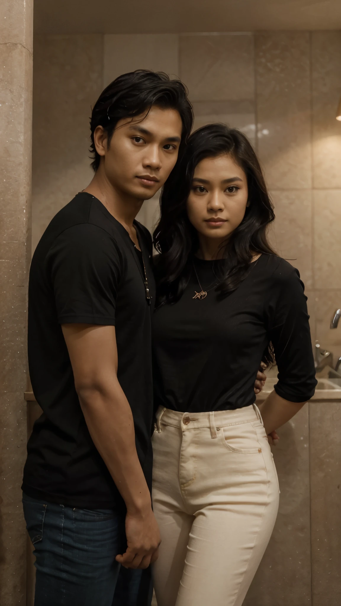 an Indonesian man and an Indonesian woman standing next to each other, an image, inspired by Adam Dario Keel, which is trending in the cg community, a handsome young Indonesian man with a beautiful young Indonesian woman in a blouse, skinny jeans, black wavy hair, movie screencap, model elissa jes from acquamodels, 8k, photorealistic