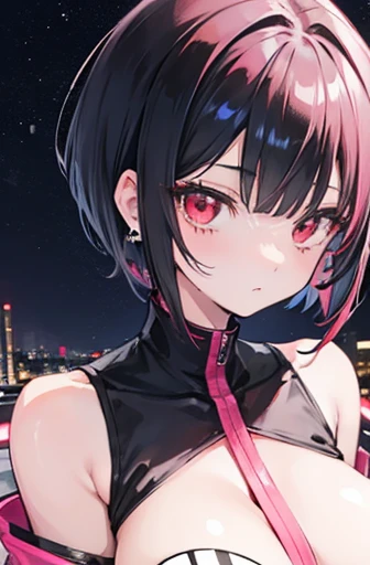 Anime, girl, teenage, hime-cut, short hair, black hair, red eyes, cool, , earrings, night, highlights pink under hair, big boob, night towns,