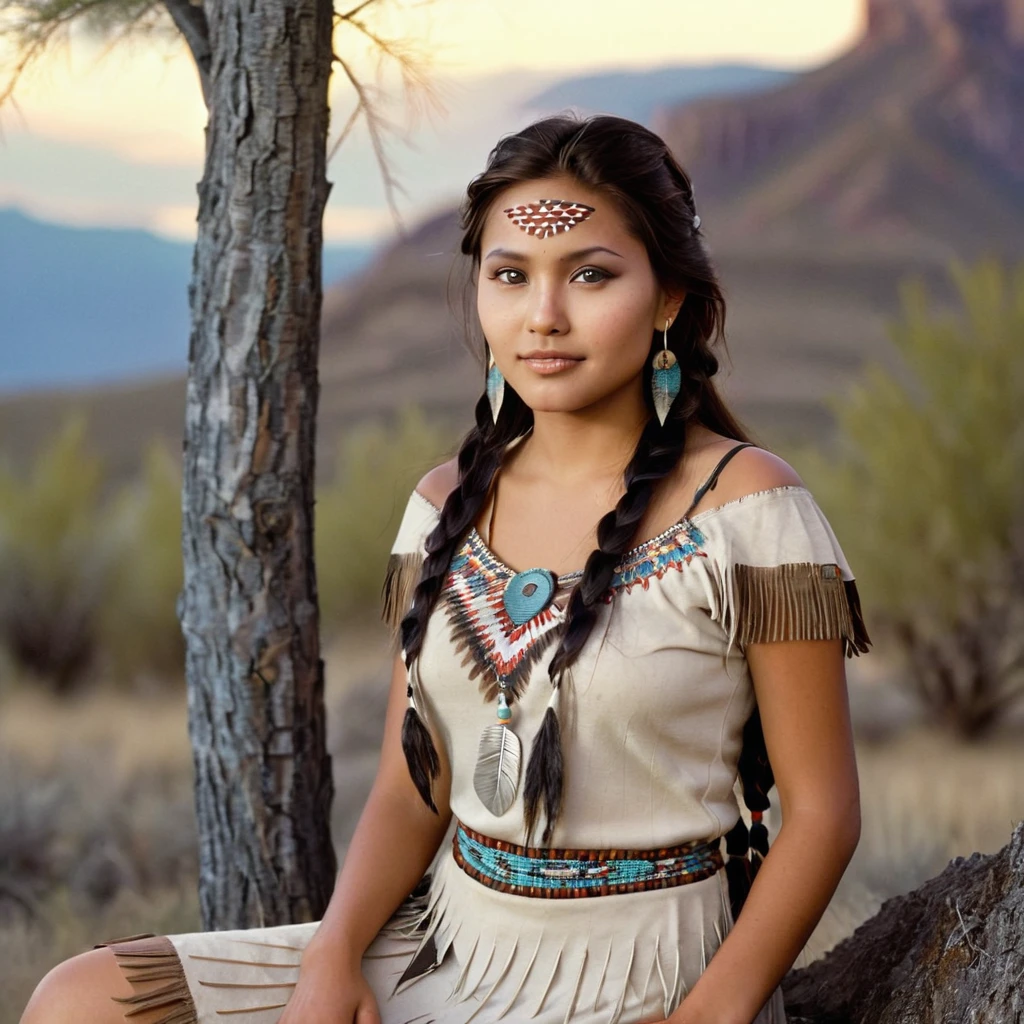 (grainy:0.5), cinematic, beautiful girls 25 year old native american,fantasy,(solo:1.3), detailed eyes, detailed face, detailed native american sexy clothing, volumetric lighting, dusk, extremely detailed background, standing next to tree and mountain, smiling, half closed brown eyes, tilted head, from side, sitting next to her American Badger