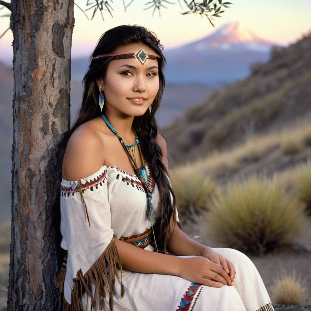 (grainy:0.5), cinematic, beautiful girls 25 year old native american,fantasy,(solo:1.3), detailed eyes, detailed face, detailed native american sexy clothing, volumetric lighting, dusk, extremely detailed background, standing next to tree and mountain, smiling, half closed brown eyes, tilted head, from side, sitting next to her American Badger