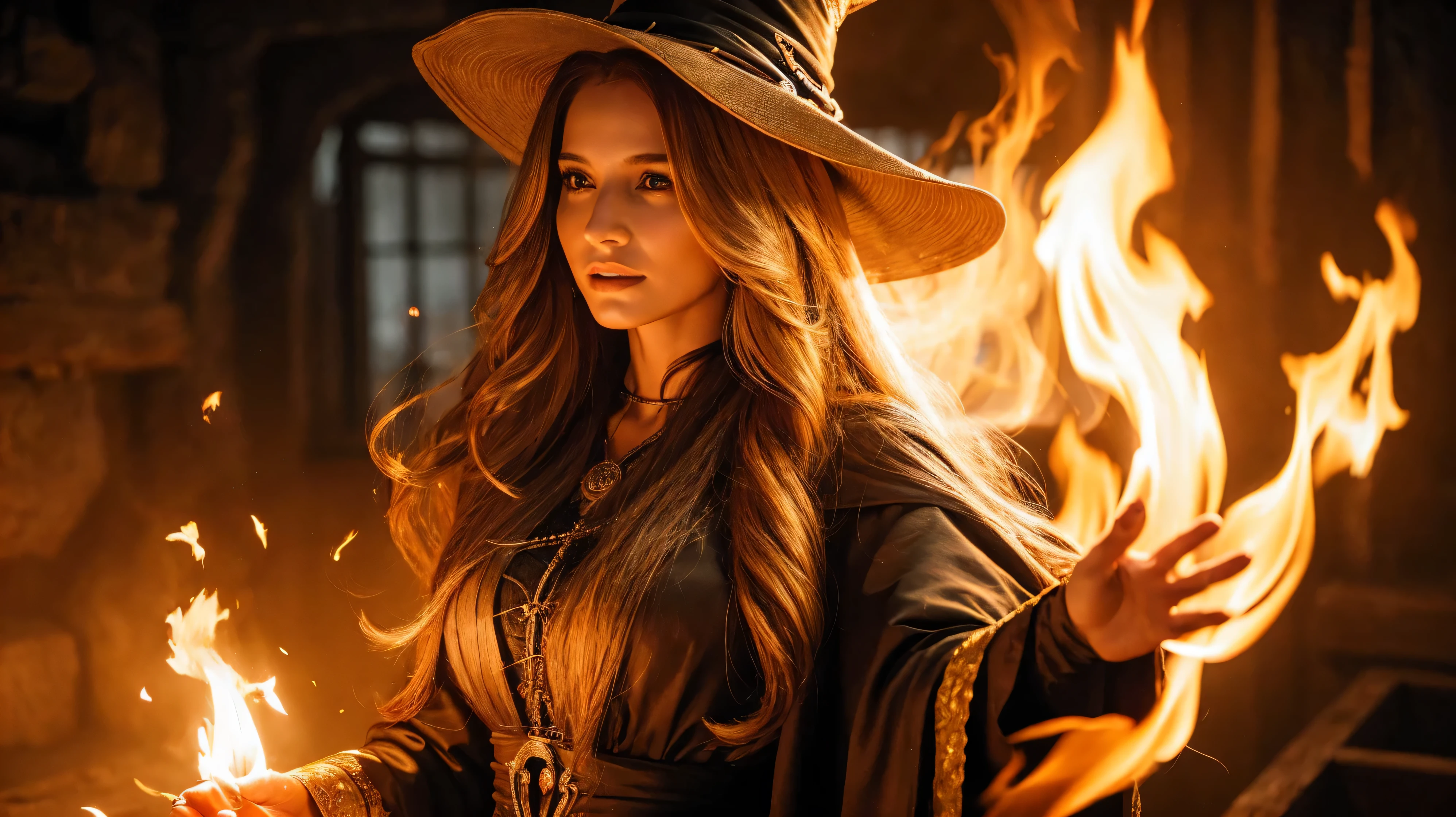 A beautiful woman with long golden hair, Marisa Becker, a 30-year-old female witch, casting fire magic, upper body, best quality, 4k, 8k, highres, masterpiece:1.2, ultra-detailed, realistic:1.5, vivid colors, studio lighting