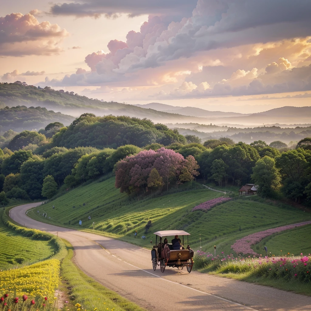 An enchanting best photo of a Myanmar countryside road in summer, with a horse-Carriage sleigh making its way through the shiny colorful lush landscape. The driver, dressed in a simple linen shirt and wide-brimmed hat, guides the horse along the winding road, while passengers enjoy the ride, taking in the beauty around them. The surrounding fields, adorned with shiny colorful white,red,pink and purple diamond-rose flowers in full bloom, stretch out to the horizon, where a distant forest forms a dark, contrasting line against the shiny clear colorful purple ,pink and gold sky. Wooden fences line the road, and the occasional haystack adds to the rustic charm of the scene.  create Precisely  this picturesque summer journey., best photo