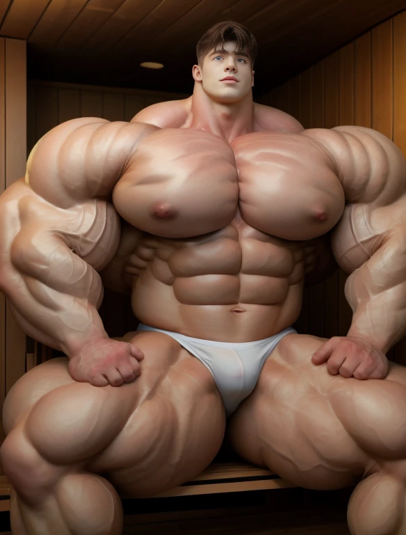 1boy, giant, giant bodybuilder, stand, warm light, strong body, bulk, large size, staring, sitting in the plush sauna, open legs, nude, white triangular underwear, prominent bulge, extraordinary big, brutalmass, giant, muscular body, bulk, buff, massive body, large meaty body size, extremely wide body
