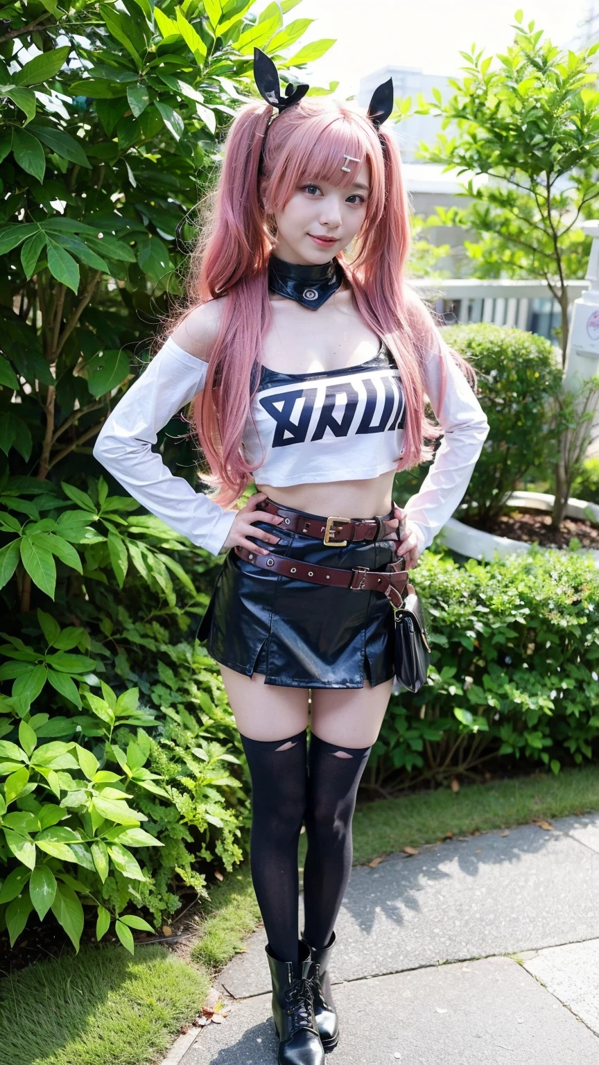 (8k、RAW Photos、Highest quality、masterpiece:1.2)、(Realistic、Realistic)、1 girl、((Pink Hair、Twin tails、mini skirt、Tube top、black、Thin legs、whole body、boots、one piece、tights、View from the front、Looking into the camera、belt、Stand with hands on hips))、cute
