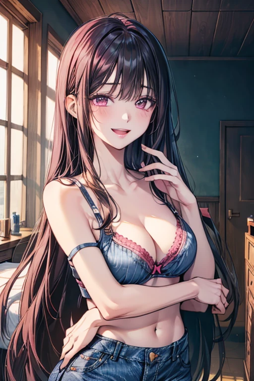 Very detailed、highest quality、Best image quality、masterpiece、8k、Anime Face、A kind smile、Open Mouth、((black long hair:1.5))、big breast, sexy、 beautiful body 、Cowboy Shot, Sexual Intercourse, ((pink eyes)), hotel bedroom, ((( Jeans))), (((red bra)))