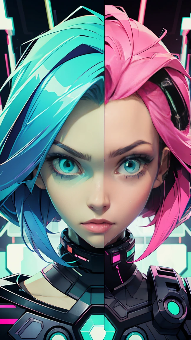 solo, front view, 1girl, PORTRAIT, (electric Pink hair), (electric green eyes), ((Cyber punk outfit)), (symmetrical eyes), (Perfect face), (Perfect Anatomy), (looking at viewer), (cyber shot), ((Glitch Art background)), (glitch art:1.3) ((glitch effect)), (8k), (HD), (Cinematography)