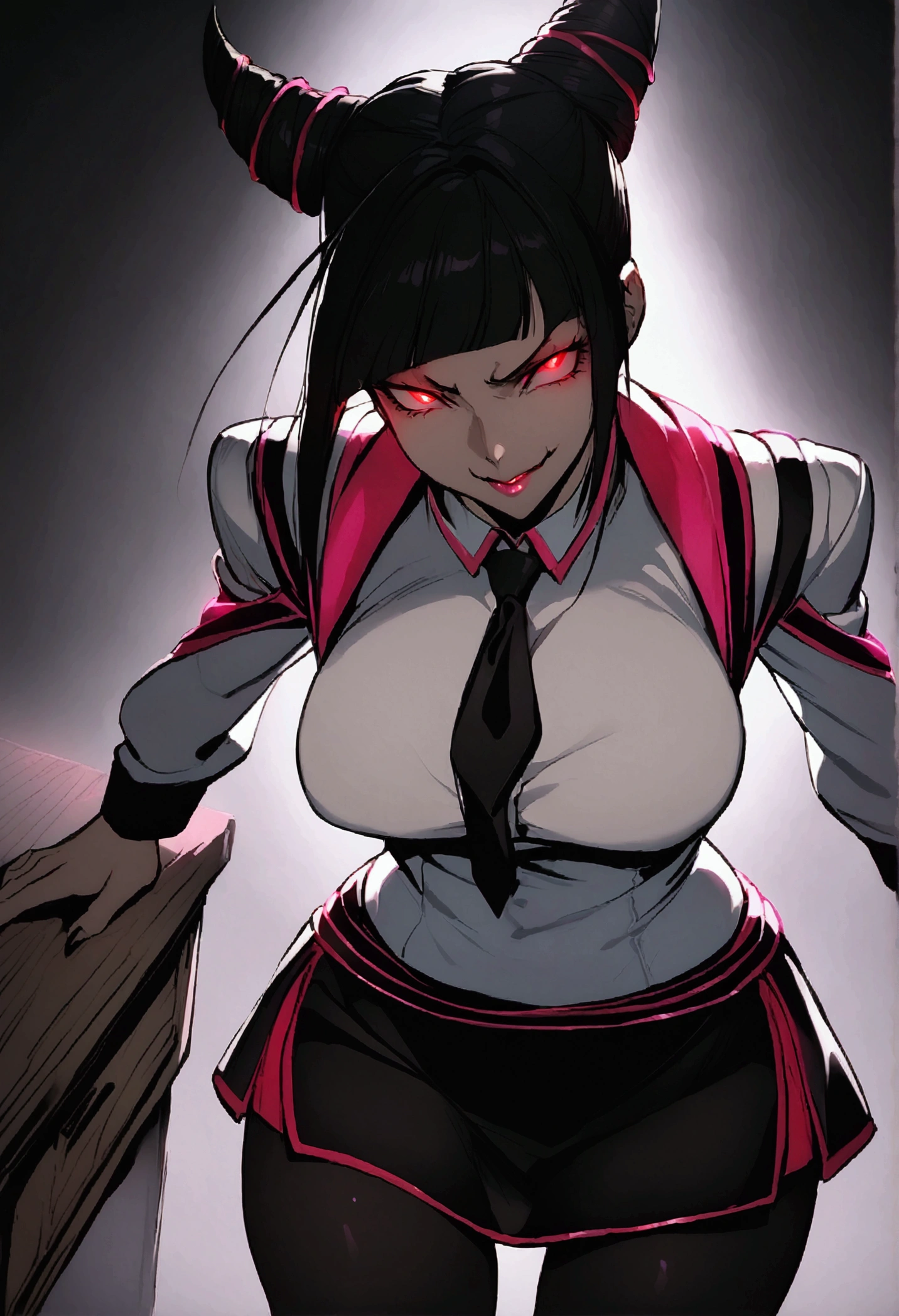 Juri Han, Artwork, fitted white secretary shirt with black tie, mini skirt short, skirt short,black tights, Bblack hair, blackstockings,Evil smile,desk,bangs on the eyes,Lighting,horn of hair,red eyes glowing,neckleace,curves,belas curves
