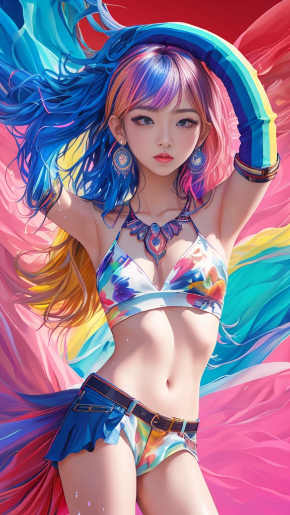 ((Best quality, 8K, Masterpiece:1.3, 1 girl, Beautiful girl)), highres, Cute, Dynamism, Detailed face, Detailed skin, Detailed eyes, Detailed lips, Photorealistic, Raw photo, Natural lighting, perfect anatomy, dynamic pose, toned legs, double eyelid, tear bags, round eyes, moist lips, (colorful body, colorful slim on the naked body:1.2), colorful hair, rainbow hair, colorful background, japanese girl, cowboy shot, sweaty, liquid art, closed eyes, upper body, pixie cut, blunt bangs, sfw, masturbation, hands up, open legs