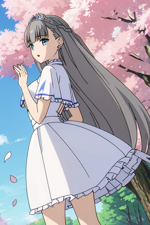 ((Bestquality))),((Ultra-detailed)),((illustration)),((Disheveledhair)),((frilld)),(1girl),(Solo),
((masterpiece)),(((best quality))),((ultra-detailed)),((illustration)),((disheveled hair)),((frills)),(1 girl),(solo),1girl,bangs,blue sky,blush,bridal veil,cherry blossoms,cloud,cloudy sky,confetti,day,dress,earrings,eyebrows visible through hair,falling petals,flower,hair between eyes,hair ornament,high heels,jewelry,leaves in wind,short hair,looking at viewer,looking back,ocean,open mouth,outdoors,petals,petals on liquid,rose petals,shoes removed,sidelocks,single shoe,sky,soles,solo,splashing,tiara,tree,underwear,veil,water,wedding dress,white dress,Rating:safe,foreshortening,
blue eyes,grey hair,