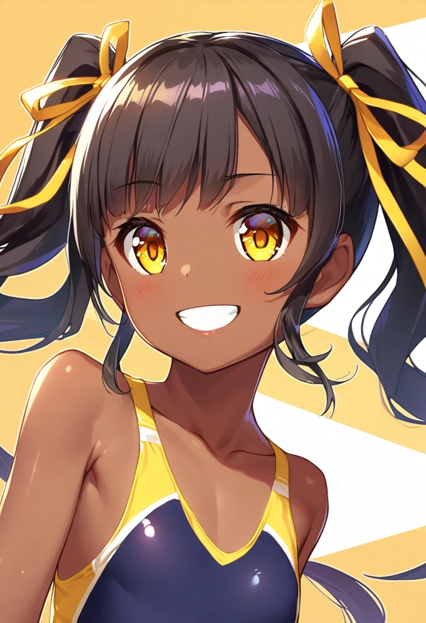 A girl, just posing, with long flowing black hair tied in twin tails with ribbons, flashing a radiant smile, in a yellow-tinted, one-piece swimsuit, revealing a flat chest and toned shoulders, in the warm sun, close-up, zoom layers revealing intricate details and distinctive yellow eyes that contrast with her dark skin.