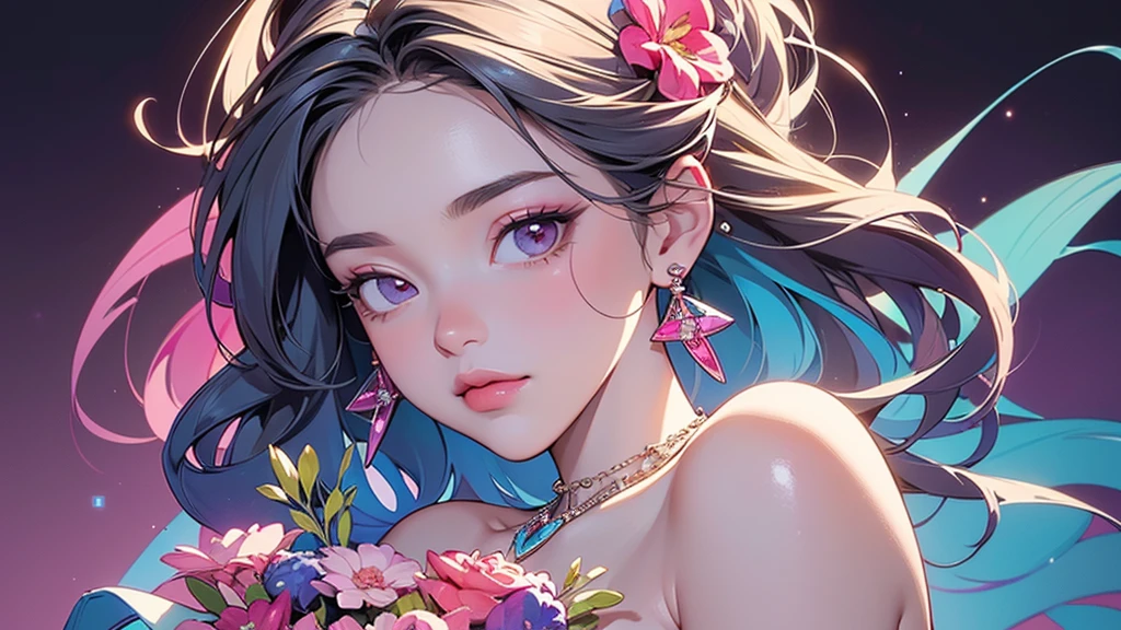32K, 最高quality, 最高masterpiece, (ultra-Detailed Background, Detailed Background), High resolution, Super detailed, Very detailedな, One girl, (bouquet:1.3), (Tangled:1.2), (Geometric:1.2),(colorful),(masterpiece, quality, best quality, Official Art, Beautiful and beautiful:1.2), (1 girl:1.3), Very detailed,(colorful:1.1)(Flowers:1.3),Most detailed,(Tangled:1.2), whole body, (Abstract background:1.3), (Skin glows), (Many colors:1.4), ,(Earrings Jewelry:1.5), Gradient pink background,