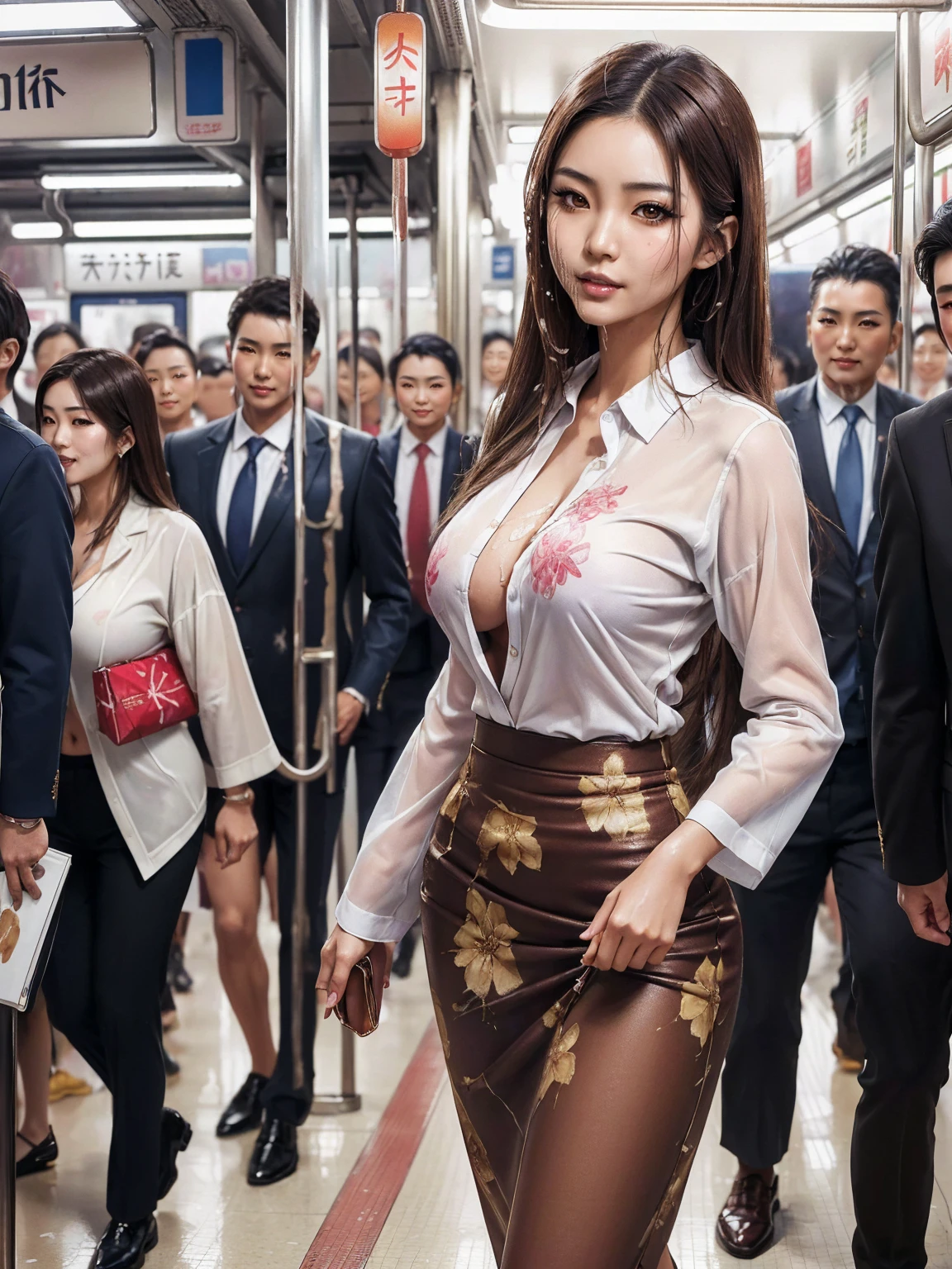 Hyperdetailed realistic airbrush painting of (most beautiful sexy Japanese woman walking in crowded subway:1.3), (cum on face and clothes, wearing business attire:1.55), long_brown_hair, leg_garter, trending on artstation